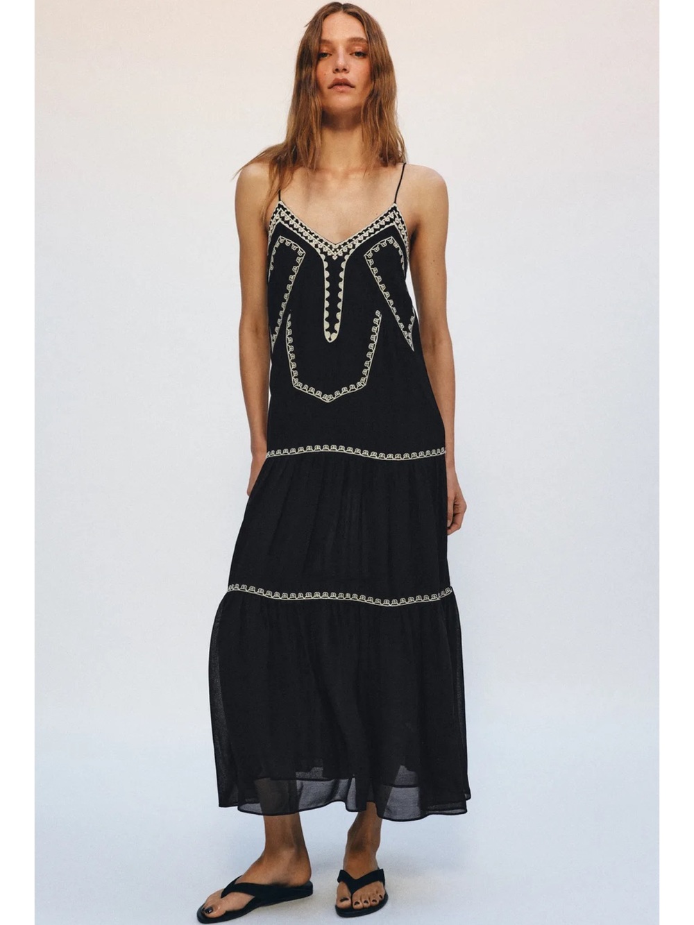 Zara Black Maxi Dress with Cream Embroidered Trim
